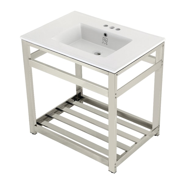 Kingston Brass VWP3122W4A6 31" Ceramic Console Sink (4", 3-Hole), Wht/Polished Nickel VWP3122W4A6 - main